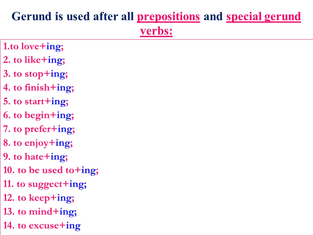 Gerund is used after all prepositions and special gerund verbs: 1.to love+ing; 2. to